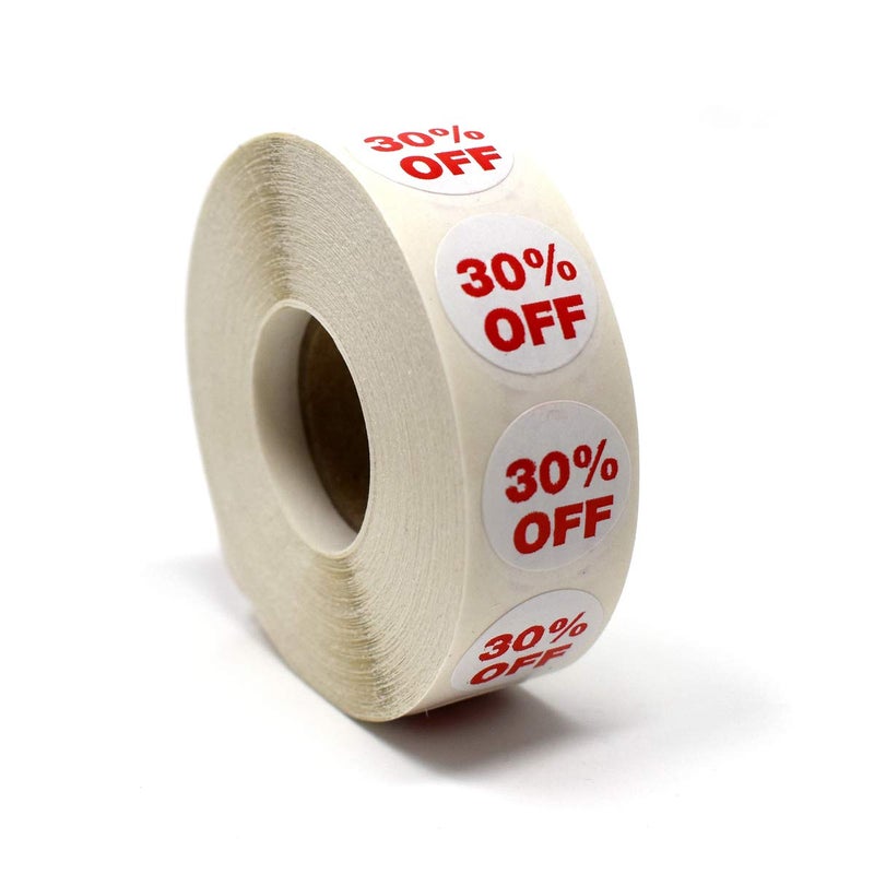 Store Fixtures Direct 30% Percent Off Mark Down Dot Stickers, 3/4" Round Self Adhesive Retail Circle Labels, 1000 Pack - Image 1